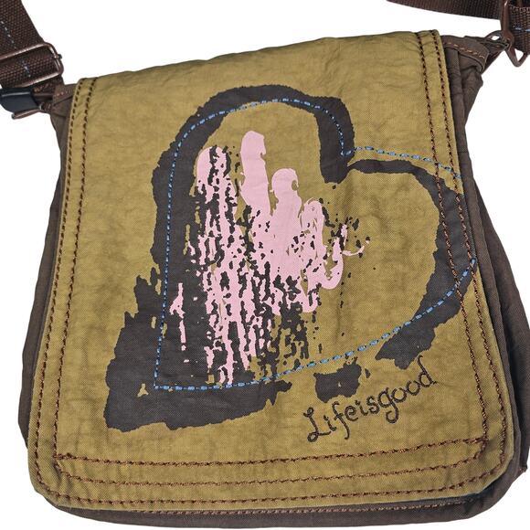 Life is Good Nylon Adjustable Strap Crossbody Bag Purse Brown Tan Heart Boho - Picture 10 of 10